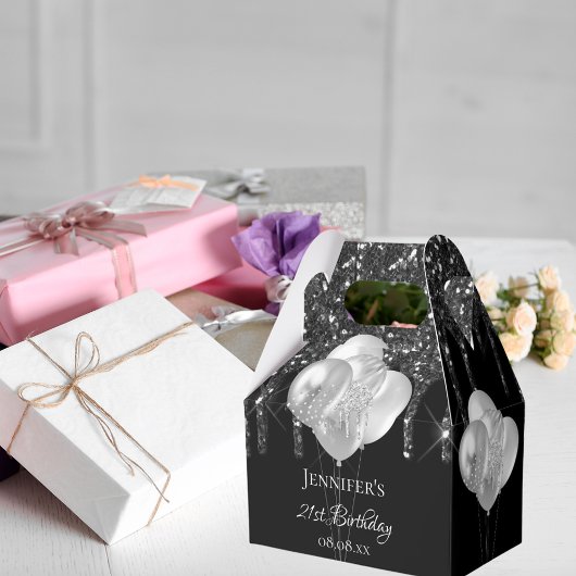 Zwarte zilveren glitter-partij op feestdag drijft  bedankdoosjes