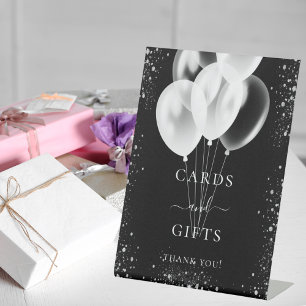 Zwarte zilveren glitterballonnen cadeaukaarten gas reclamebord met voetstuk
