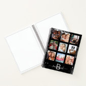 Zwarte zilveren glitters naam monogram fotocollage notitieboek (Binnen)