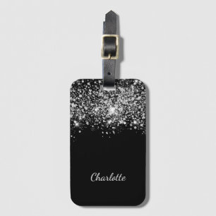 Zwarte zilveren glitters stof monogram naam script bagagelabel