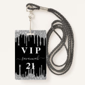 Zwarte zilveren glitterspetters vip uitnodiging ve badge (Voorkant met draagriem)