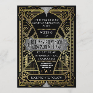 zwarte zilveren kunst Deco Wedding Invitations Kaart