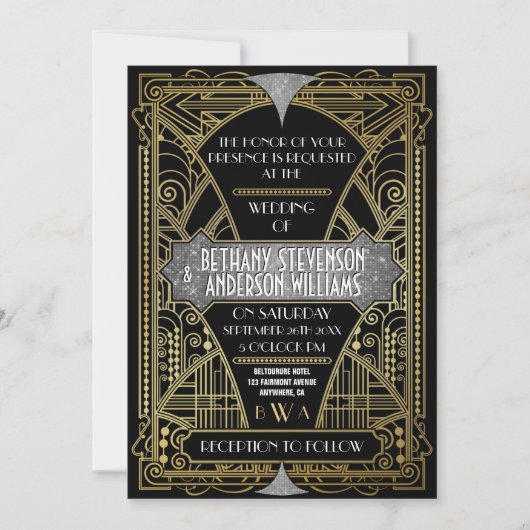  zwarte zilveren kunst Deco Wedding Invitations Kaart (Voorkant)