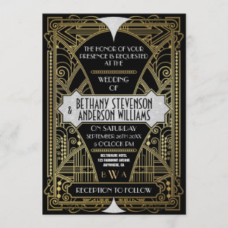 zwarte zilveren kunst Deco Wedding Invitations Kaart