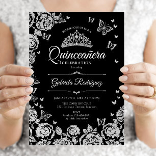 Zwarte Zilveren Rozen Vlinders Quinceanera Kaart