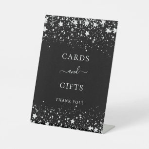 Zwarte zilveren sterren cadeaukaartjes voor bezoek reclamebord met voetstuk