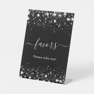 Zwarte zilveren sterren feest cadeautjes reclamebord met voetstuk