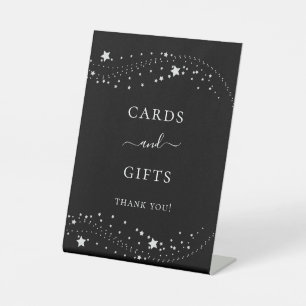 Zwarte zilveren sterren feestkaart cadeaus reclamebord met voetstuk