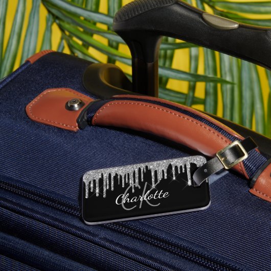 Zwarte zilverglitter druppelt monogram op bagagelabel (Voorkant Insitu 3)