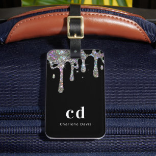Zwarte zilverglitter druppelt monogram op bagagelabel