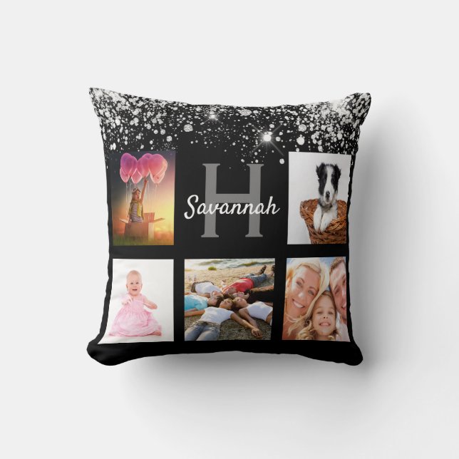 Zwarte zilverglitter foto collage monogram kussen (Voorkant)