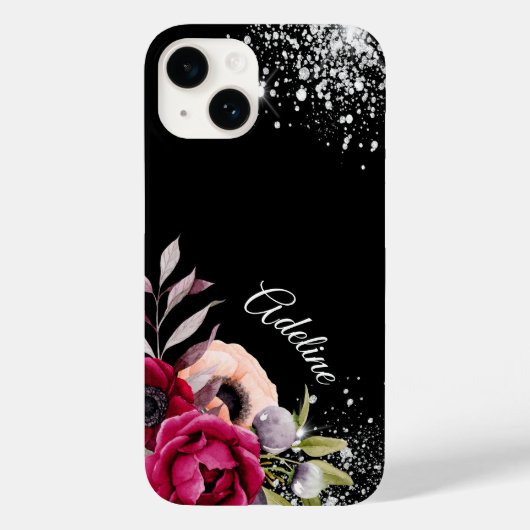 Zwarte zilverglitterbloemen met vuursteentje Case-Mate iPhone case (Achterkant)