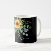 Zwarte zonnebloem-eucalyptusgrienernaamscript koffiemok (Voorkant rechts)