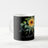 Zwarte zonnebloem-eucalyptusgrienernaamscript koffiemok (Voorkant links)
