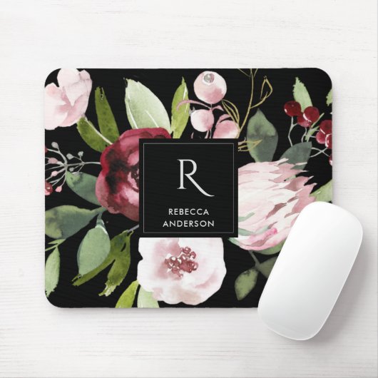 ZWARTE ZWART PINK BURGUNDY PROTEA FLORAL MUISMAT (Met muis)