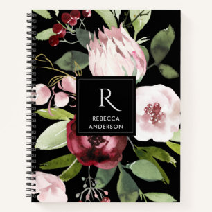 ZWARTE ZWART PINK BURGUNDY PROTEA FLORAL NOTITIEBOEK