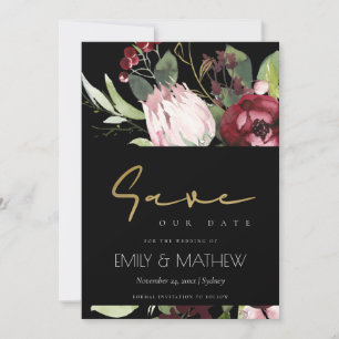ZWARTE ZWART PINK BURGUNDY PROTEA FLORAL WATERVERF SAVE THE DATE
