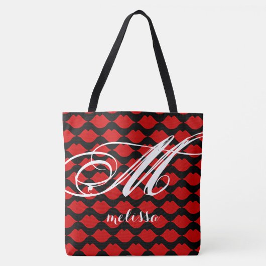 zwarte zwarte grote canvas tas met rode lippen (Voorkant)