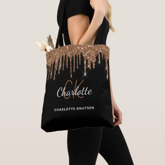 Zwartegroud glinsterende monogram- initials draagtas (Dichtbij)