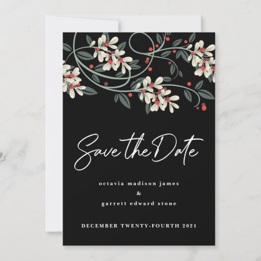 Zwartekleurig modern schrift witte bloemen winter save the date (Voorkant)