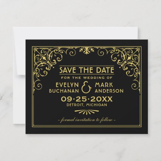 Zwartekleurige Art Deco-huwelijk met krulwerk Save The Date (Voorkant)