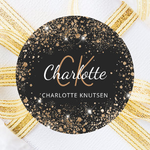Zwartr goud glitter stof monogram initiaal naam ronde sticker