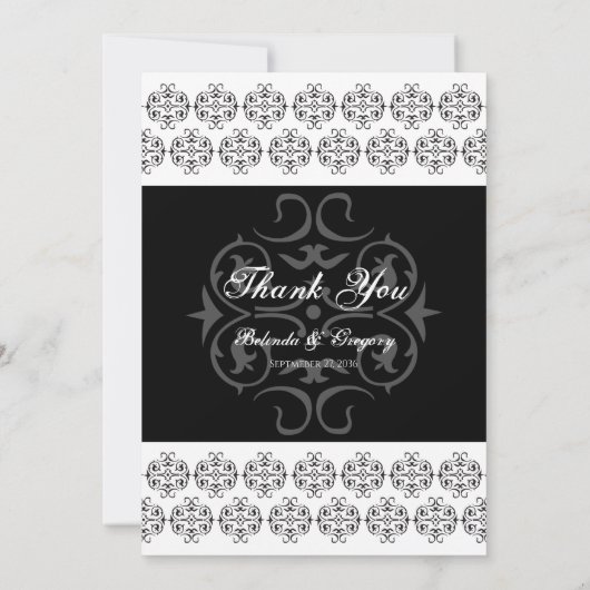 zwartwitkalligrafie Damask Wedding Bedankkaart (Achterkant)