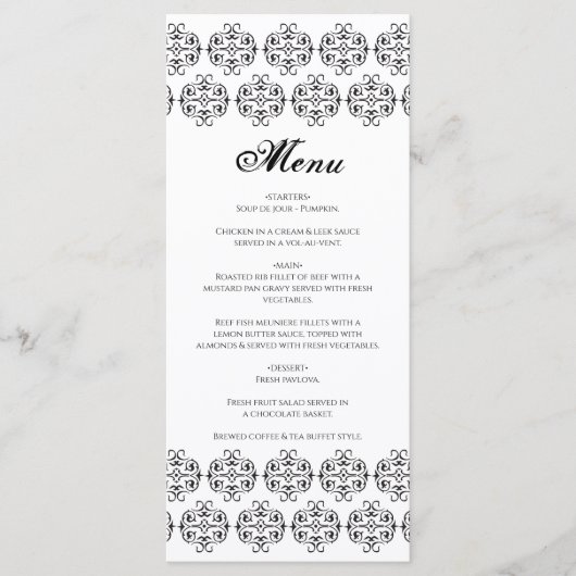 zwartwitkalligrafie Damask Wedding Menu (Voorkant)
