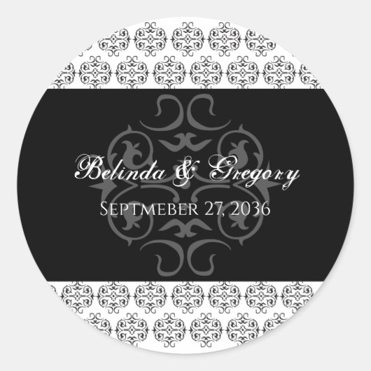 zwartwitkalligrafie Damask Wedding Ronde Sticker (Voorkant)
