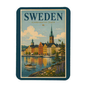 Zweden Landschapsillustratie Reis Kunst Vintage Magneet