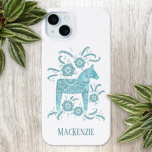 Zweeds Dala Horse - Aangepast Blauwgroen iPhone 15 Mini Hoesje
