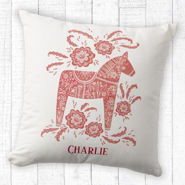 Zweeds Dala Horse Art gepersonaliseerd Kussen (Personalized name Swedish Dala Horse red and white pillow)
