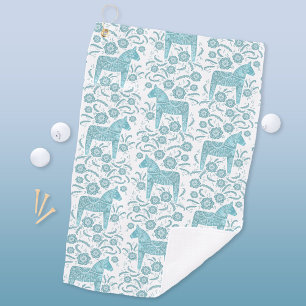 Zweeds Dala Horse Blauwgroen Groene Folk Art Golf  Golfhanddoek
