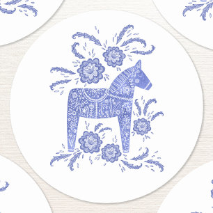 Zweeds Dala Horse Blue en White Ronde Sticker