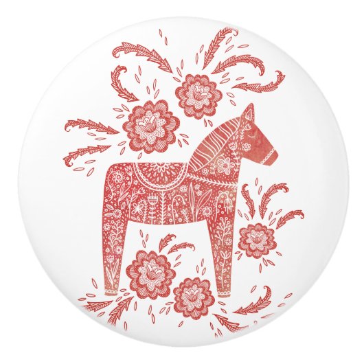 Zweeds Dala Horse Red en White Keramische Knop (Voorkant)