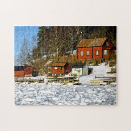 Zweeds landschap in de winter met sneeuw - bevrore legpuzzel