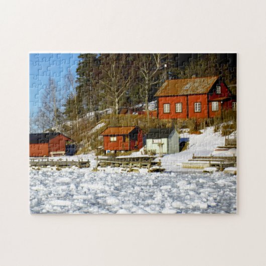 Zweeds landschap in de winter met sneeuw - bevrore legpuzzel (Horizontaal)