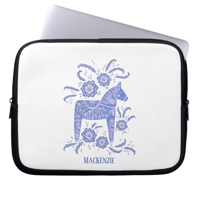 Zweedse Dala Horse - Aangepaste naam Blauwe laptop Laptop Sleeve (Voorkant)