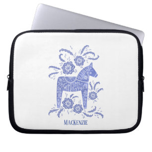 Zweedse Dala Horse - Aangepaste naam Blauwe laptop Sleeve
