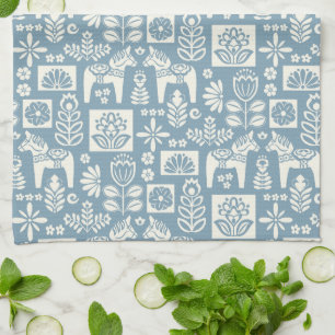 Zweedse Dala Horse Collage in Slate Blue Theedoek