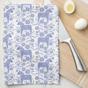 Zweedse Dala Horse Folk Art Blue Kitchen Towel Theedoek
