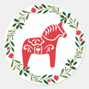 Zweedse Dala-paardensticker met krans Ronde Sticker