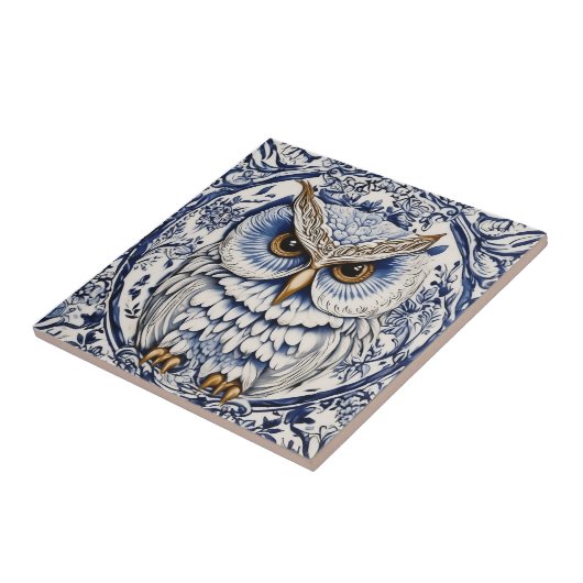 Zweedse dala uil blauw en wit nouveau tegeltje (Zijkant)