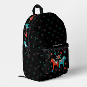 Zweedse Folk Dala Horse l Blauwgroen en rood Bedrukte Rugzak