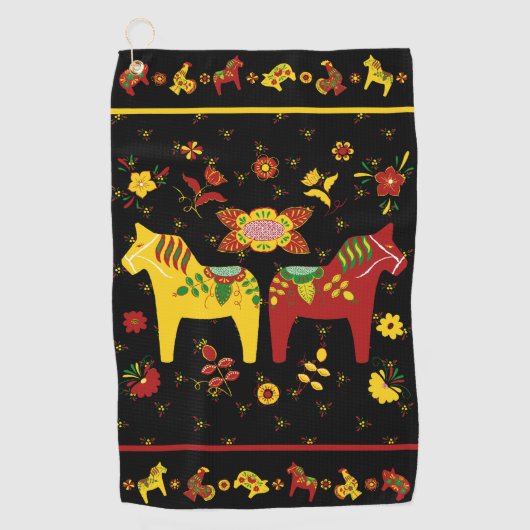 Zweedse Folk Dala Horse l Red en Geel Golfhanddoek (Voorkant)