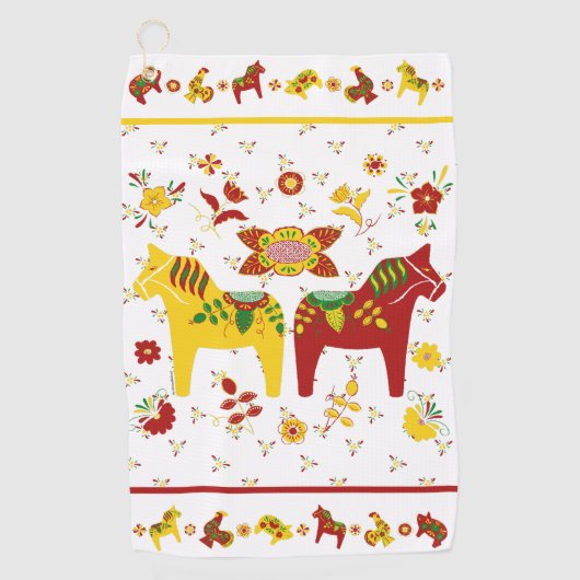 Zweedse Folk Dala Horse l Red en Geel Golfhanddoek (Voorkant)