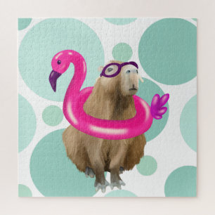 Zwembad Party Leuke Capybara met roze flamingo vlo Legpuzzel