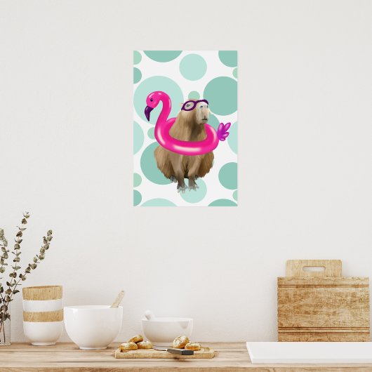 Zwembad Party Leuke Capybara met roze flamingo vlo Poster (Keuken)