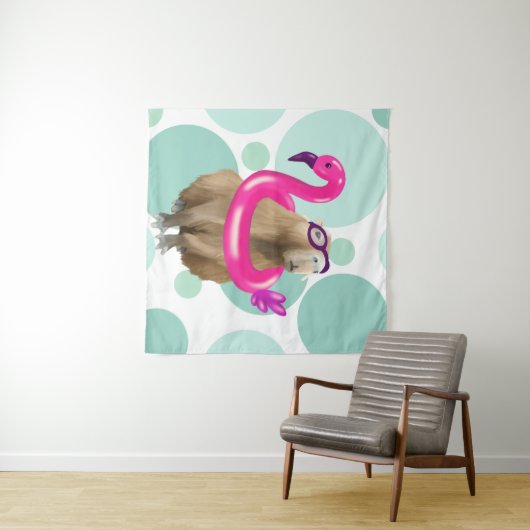 Zwembad Party Leuke Capybara met roze flamingo vlo Wandkleed (In Situ (horizontaal))