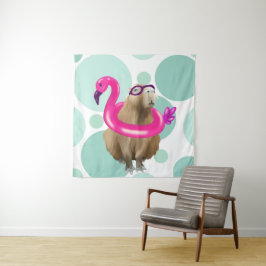 Zwembad Party Leuke Capybara met roze flamingo vlo Wandkleed
